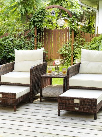 PATIOPIA 5-Piece Wicker Patio Seats with Ottomans – Brown Frame with Cream Cushions